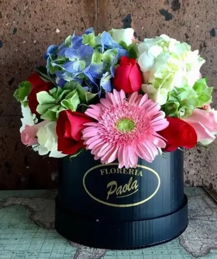 Cilindro Rosas, Gerberas y Ortensias